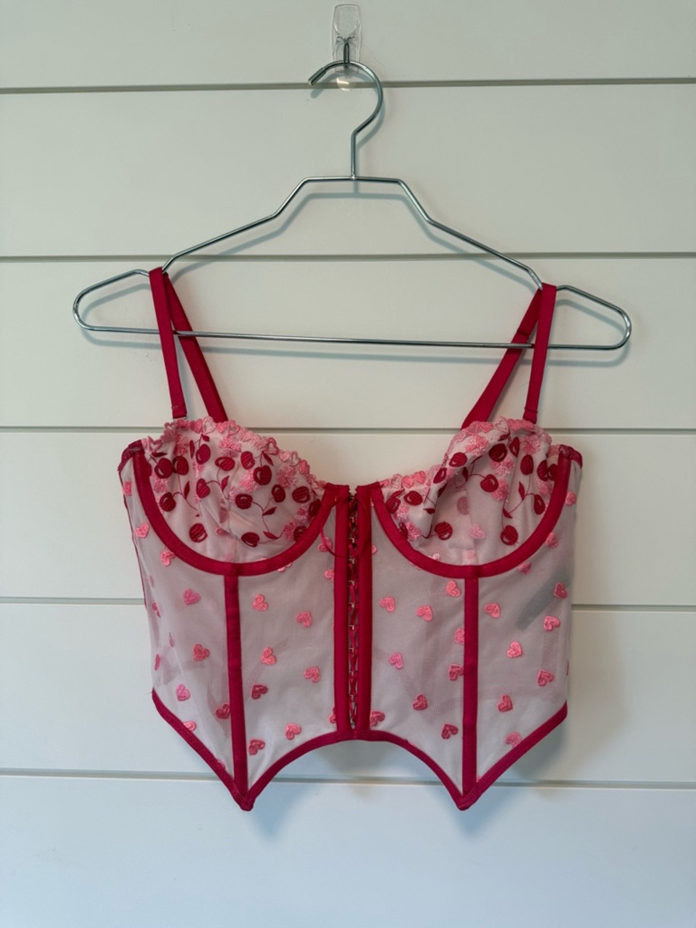 Urban Outfitters Romantic Sheee Pink Heart-Embroidered Cherry Bustier Corset Top